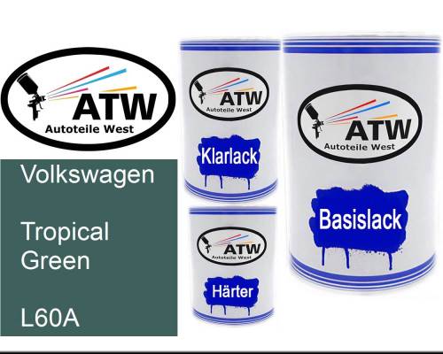 Volkswagen, Tropical Green, L60A: 500ml Lackdose + 500ml Klarlack + 250ml Härter - Set, von ATW Autoteile West.